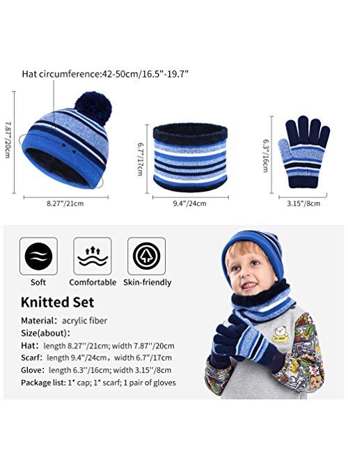 Oopor Kids Hat Scarf Gloves Set - Winter Fleece Warm Knit Neck Warmer Wool Thermal Beanie Cap Sport Mittens Boys Girls Aged 3-6