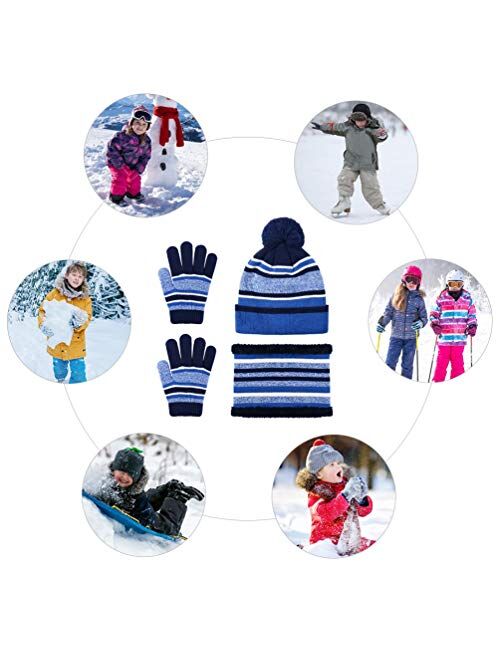 Oopor Kids Hat Scarf Gloves Set - Winter Fleece Warm Knit Neck Warmer Wool Thermal Beanie Cap Sport Mittens Boys Girls Aged 3-6