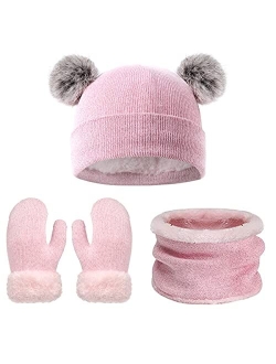 3Pcs Kids Winter Knitted Hat Scarf Gloves Set with Warm Fleece Lined for Children Girls Boys of 3-6 Years