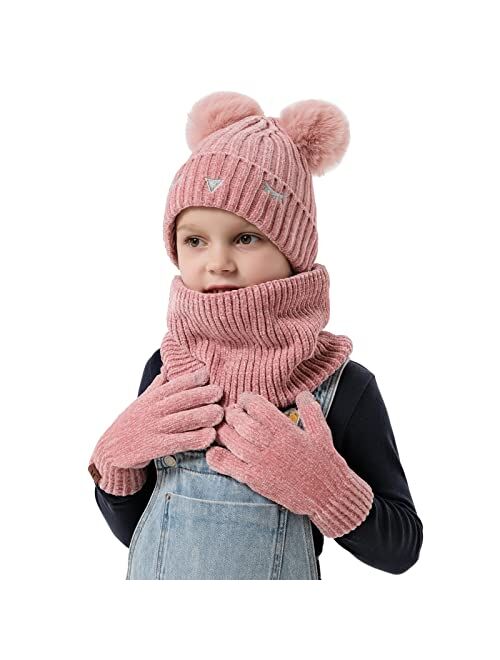 FZ FANTASTIC ZONE Toddlers Boys Girls Winter Warm Knit Beanie Hat Neck Scarf Warmer Touchscreen Gloves Set for 3-10 Year Kid with Fleece Pompom