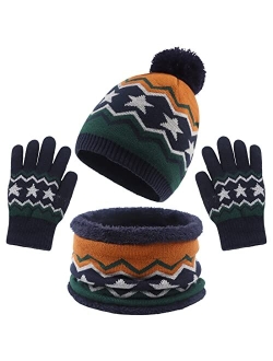 PESAAT Winter Kids Hat Scarf Glove Set Knit Fleece Lined Beanie Neck Warmer Mittens for Toddler Boys Girls 3-8 Years