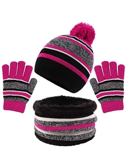 PESAAT Winter Kids Hat Scarf Glove Set Knit Fleece Lined Beanie Neck Warmer Mittens for Toddler Boys Girls 3-8 Years