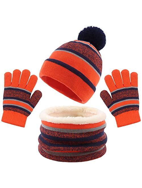 PESAAT Winter Kids Hat Scarf Glove Set Knit Fleece Lined Beanie Neck Warmer Mittens for Toddler Boys Girls 3-8 Years