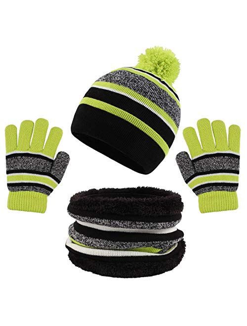 PESAAT Winter Kids Hat Scarf Glove Set Knit Fleece Lined Beanie Neck Warmer Mittens for Toddler Boys Girls 3-8 Years