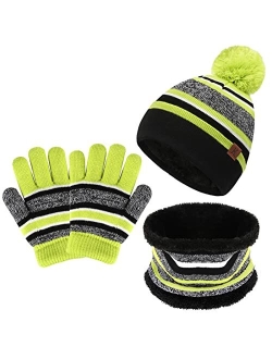 FZ FANTASTIC ZONE Toddlers Girls Boys Winter Knit Pom Beanie Hat Cap Scarf Neck Warmer Touchscreen Gloves Set for 2-7 Years Old Kid with Lined