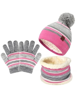FZ FANTASTIC ZONE Toddlers Girls Boys Winter Knit Pom Beanie Hat Cap Scarf Neck Warmer Touchscreen Gloves Set for 2-7 Years Old Kid with Lined