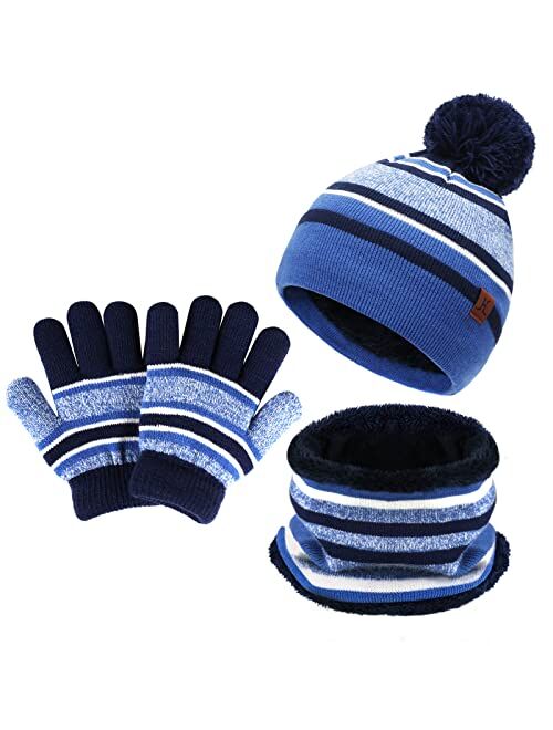 FZ FANTASTIC ZONE Toddlers Girls Boys Winter Knit Pom Beanie Hat Cap Scarf Neck Warmer Touchscreen Gloves Set for 2-7 Years Old Kid with Lined