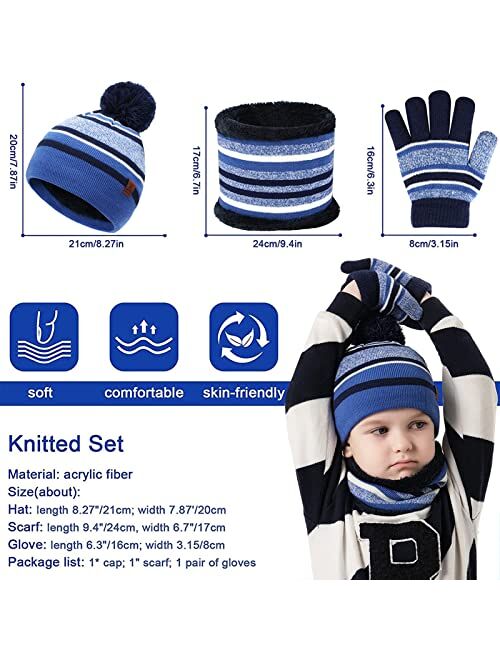 FZ FANTASTIC ZONE Toddlers Girls Boys Winter Knit Pom Beanie Hat Cap Scarf Neck Warmer Touchscreen Gloves Set for 2-7 Years Old Kid with Lined