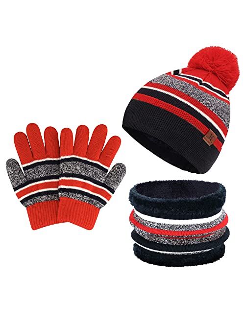 FZ FANTASTIC ZONE Toddlers Girls Boys Winter Knit Pom Beanie Hat Cap Scarf Neck Warmer Touchscreen Gloves Set for 2-7 Years Old Kid with Lined