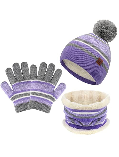 FZ FANTASTIC ZONE Toddlers Girls Boys Winter Knit Pom Beanie Hat Cap Scarf Neck Warmer Touchscreen Gloves Set for 2-7 Years Old Kid with Lined