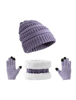 Tinncana 3 Pieces Kids Winter Beanies Glove Scarf Set, Knitted Toddler Cap Hat Touchscreen Mitten Neck Warmer for Boys Girls