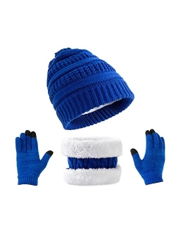 Tinncana 3 Pieces Kids Winter Beanies Glove Scarf Set, Knitted Toddler Cap Hat Touchscreen Mitten Neck Warmer for Boys Girls