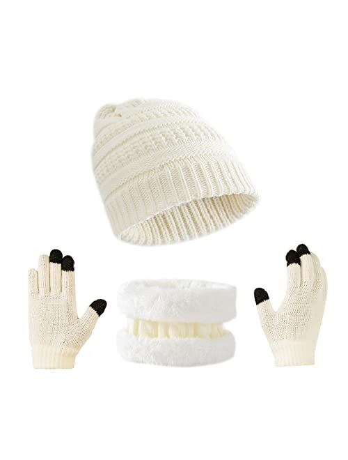 Tinncana 3 Pieces Kids Winter Beanies Glove Scarf Set, Knitted Toddler Cap Hat Touchscreen Mitten Neck Warmer for Boys Girls