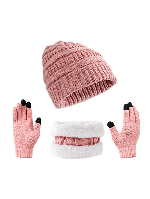 Tinncana 3 Pieces Kids Winter Beanies Glove Scarf Set, Knitted Toddler Cap Hat Touchscreen Mitten Neck Warmer for Boys Girls