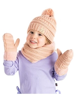 Funky Junque Kids Matching Neck Warmer Tube Scarf, Soft Fuzzy Cuff Gloves Mittens, Ribbed Knit Pom Beanie Bundle Boy Girl