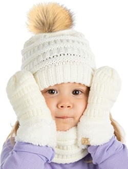 Funky Junque Kids Matching Neck Warmer Tube Scarf, Soft Fuzzy Cuff Gloves Mittens, Ribbed Knit Pom Beanie Bundle Boy Girl