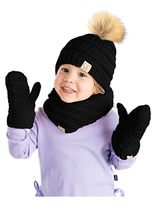 Funky Junque Kids Matching Neck Warmer Tube Scarf, Soft Fuzzy Cuff Gloves Mittens, Ribbed Knit Pom Beanie Bundle Boy Girl