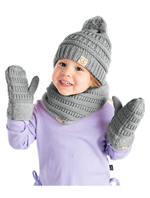 Funky Junque Kids Matching Neck Warmer Tube Scarf, Soft Fuzzy Cuff Gloves Mittens, Ribbed Knit Pom Beanie Bundle Boy Girl