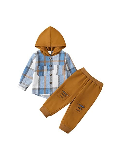 Grnshts Toddler Baby Boy Clothes Long Sleeve Tops Plaid Hoodie Sweatshirt + Sweatpants Little Boy Fall Winter Outfits Set