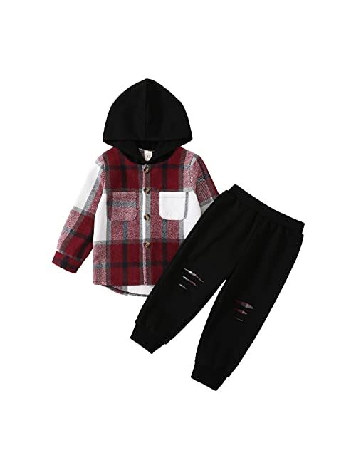 Grnshts Toddler Baby Boy Clothes Long Sleeve Tops Plaid Hoodie Sweatshirt + Sweatpants Little Boy Fall Winter Outfits Set