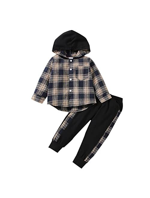 Focutebb Toddler Baby Boys Clothes Fall Winter Outfits Flannel Lattice Button Down Long Sleeve Plaid Shirt Hoodied Tops + Pants Sets