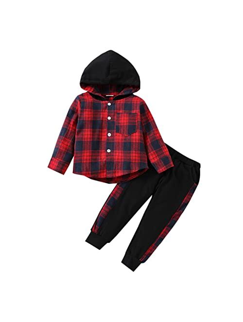 Focutebb Toddler Baby Boys Clothes Fall Winter Outfits Flannel Lattice Button Down Long Sleeve Plaid Shirt Hoodied Tops + Pants Sets