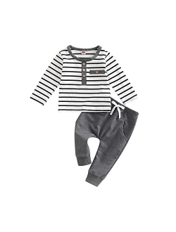 Gueuusu Toddler Baby Boys Fall Winter Outfits Long Sleeve Striped T-Shirt Tops Solid Drawstring Pants Infant 2Pcs Clothes Set