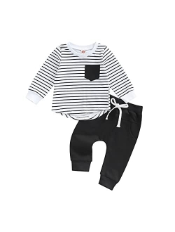 Gueuusu Toddler Baby Boys Fall Winter Outfits Long Sleeve Striped T-Shirt Tops Solid Drawstring Pants Infant 2Pcs Clothes Set