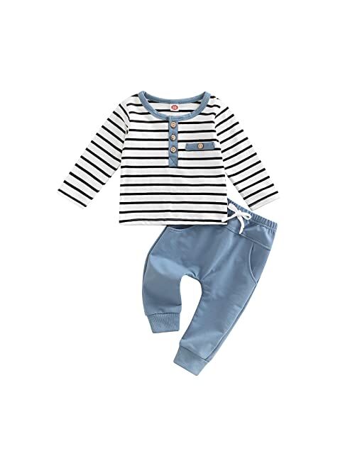 Gueuusu Toddler Baby Boys Fall Winter Outfits Long Sleeve Striped T-Shirt Tops Solid Drawstring Pants Infant 2Pcs Clothes Set