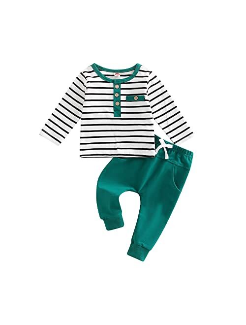 Gueuusu Toddler Baby Boys Fall Winter Outfits Long Sleeve Striped T-Shirt Tops Solid Drawstring Pants Infant 2Pcs Clothes Set