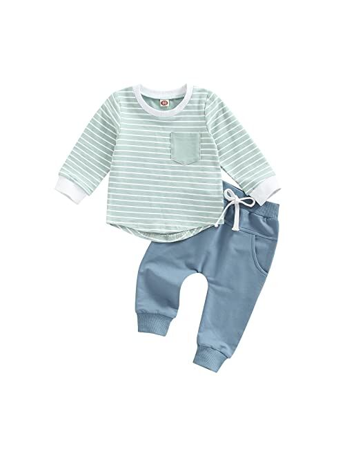 Gueuusu Toddler Baby Boys Fall Winter Outfits Long Sleeve Striped T-Shirt Tops Solid Drawstring Pants Infant 2Pcs Clothes Set