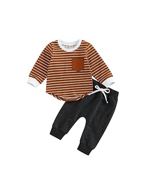 Gueuusu Toddler Baby Boys Fall Winter Outfits Long Sleeve Striped T-Shirt Tops Solid Drawstring Pants Infant 2Pcs Clothes Set