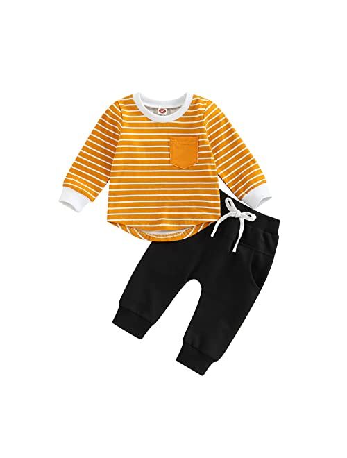 Gueuusu Toddler Baby Boys Fall Winter Outfits Long Sleeve Striped T-Shirt Tops Solid Drawstring Pants Infant 2Pcs Clothes Set