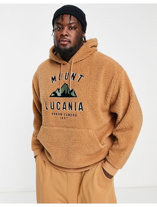 ASOS DESIGN oversized teddy borg hoodie in brown with mountain embroidery