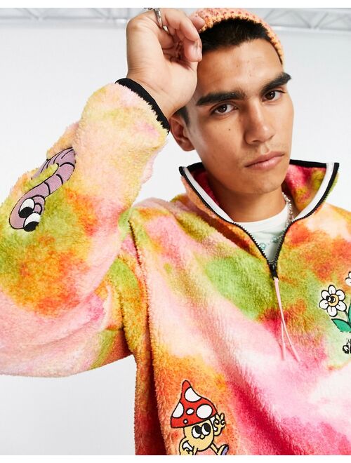 ASOS DESIGN oversized half zip sweatshirt in teddy tie dye with embroidery