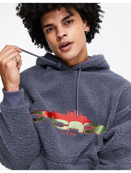 ASOS DESIGN oversized hoodie in charcoal borg with city embroidery