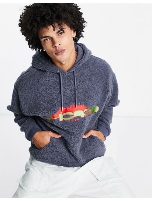 ASOS DESIGN oversized hoodie in charcoal borg with city embroidery