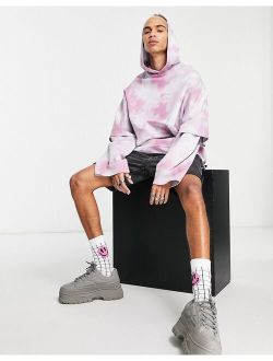 oversized hoodie in pink & white tie dye with double layer sleeve