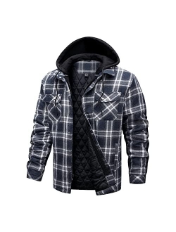 CHEXPEL Flannel Jackets for Men Long Sleeve Plaid Shirt Jacket Quilt Lined Hooded with Button Down Winter Coat