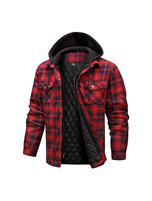 CHEXPEL Flannel Jackets for Men Long Sleeve Plaid Shirt Jacket Quilt Lined Hooded with Button Down Winter Coat