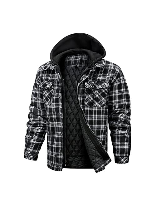 CHEXPEL Flannel Jackets for Men Long Sleeve Plaid Shirt Jacket Quilt Lined Hooded with Button Down Winter Coat