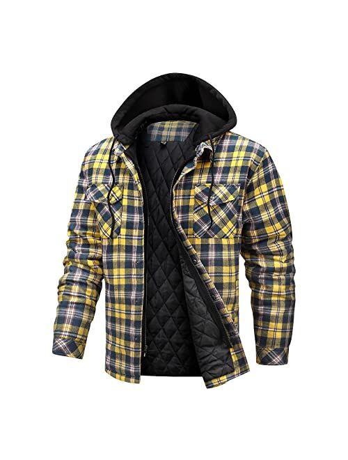 CHEXPEL Flannel Jackets for Men Long Sleeve Plaid Shirt Jacket Quilt Lined Hooded with Button Down Winter Coat