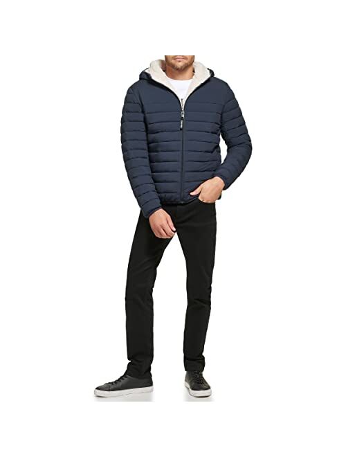 Calvin Klein Men's Hooded Down Jacket, Quilted Coat, Sherpa Lined