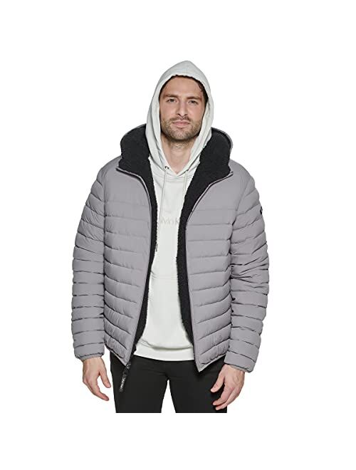 Calvin Klein Men's Hooded Down Jacket, Quilted Coat, Sherpa Lined