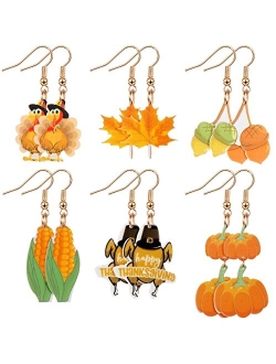 MTLEE 6 Pairs Thanksgiving Fall Drop Dangle Earrings Thanksgiving Autumn Jewelry Scarecrow Turkey Pumpkin Sunflower Maple Corn Pine Cone Dangle Earrings for Women Girls