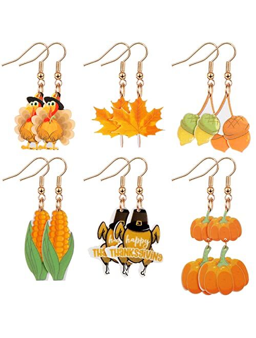 MTLEE 6 Pairs Thanksgiving Fall Drop Dangle Earrings Thanksgiving Autumn Jewelry Scarecrow Turkey Pumpkin Sunflower Maple Corn Pine Cone Dangle Earrings for Women Girls