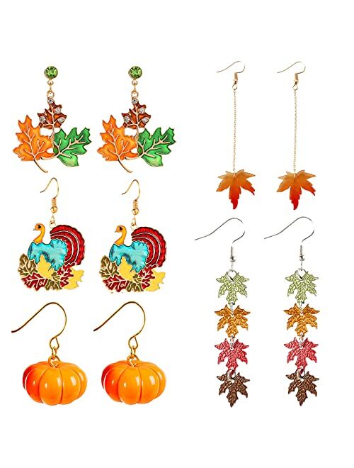 choice of all 5 Pairs Thanksgiving Earrings for Women Turkey Pumpkin Red Maple Leaf Fall Earrings for Thanksgiving Gifts