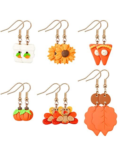 Hicarer 6 Pairs Thanksgiving Fall Earrings Pumpkin Pie Candy Dangle Earrings Polymer Clay Earrings for Women Girls