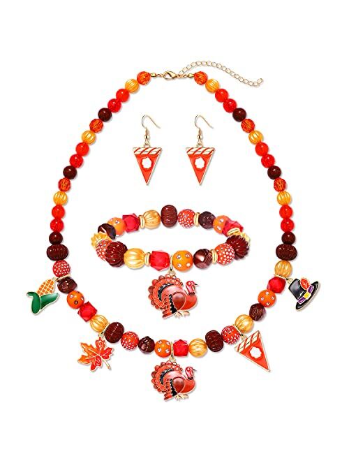 Xocartige Thanksgiving Fall Necklace Bracelet Earrings Set, Chunky Pumpkin Maple Leaf Turkey Bubblegum Necklace for Women Beaded Stretch Bracelet Dangle Earrings Holiday 