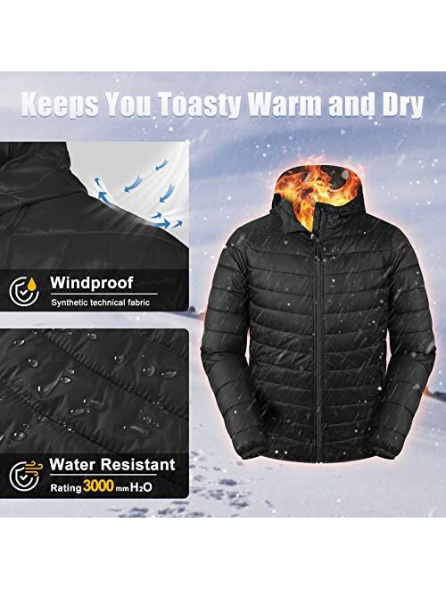 33,000ft Men's Lightweight Packable Insulated Puffer Winter Jacket with Hood, Water-Resistant Down Alternative Puffy Coat